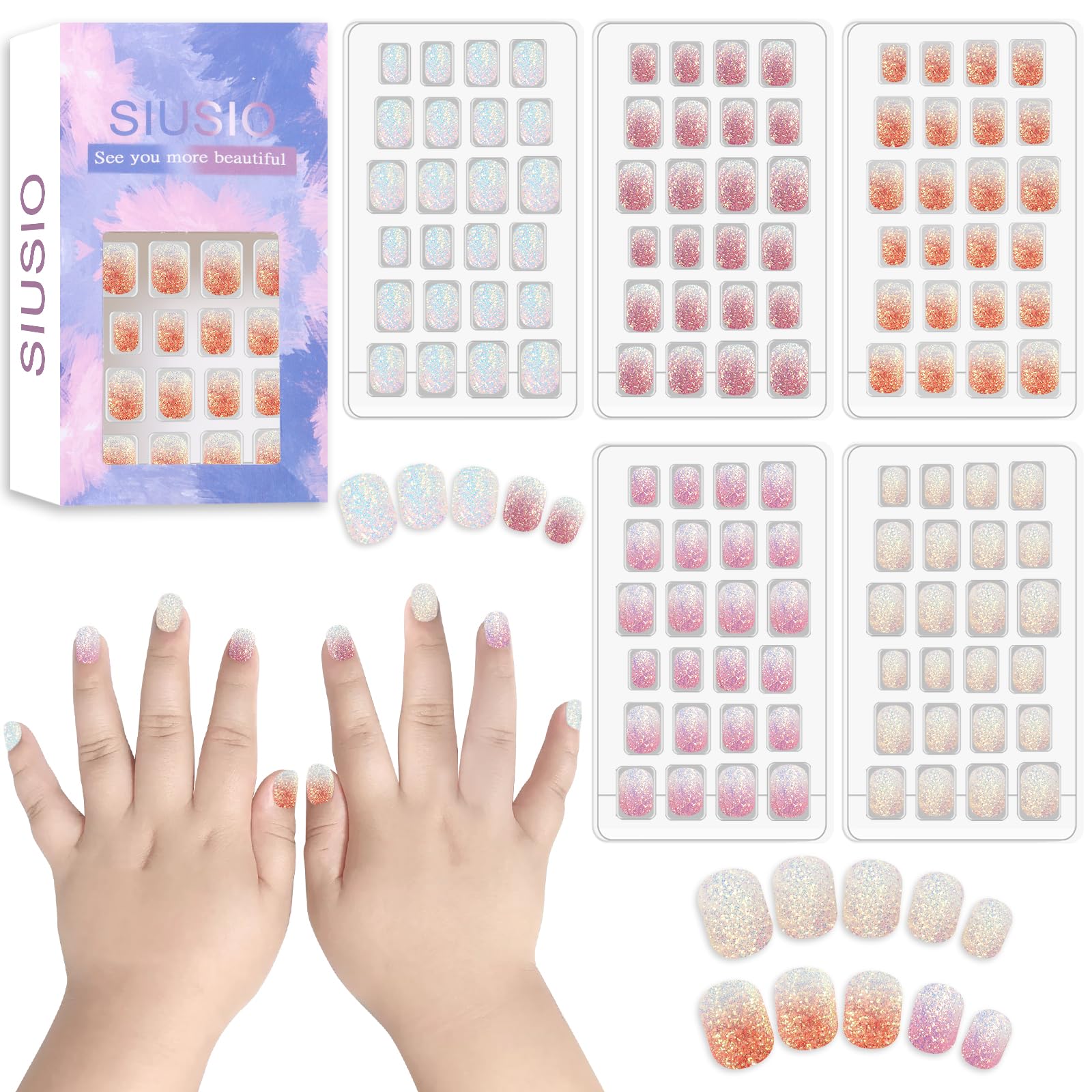 SIUSIO 120-piece press-on nails for kids in a colorful kit box for easy selection.