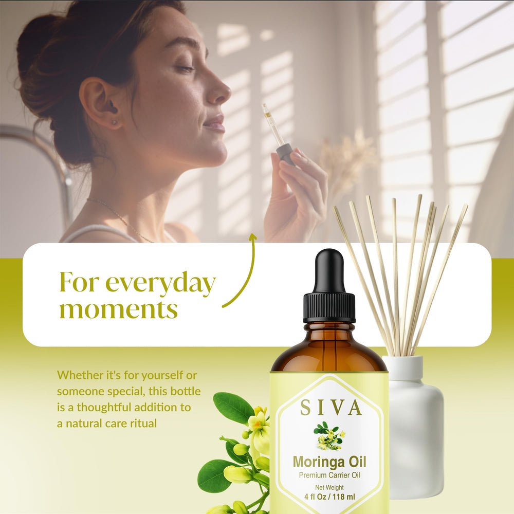 SIVA Moringa Oil blends well with essential oils for personalized care.