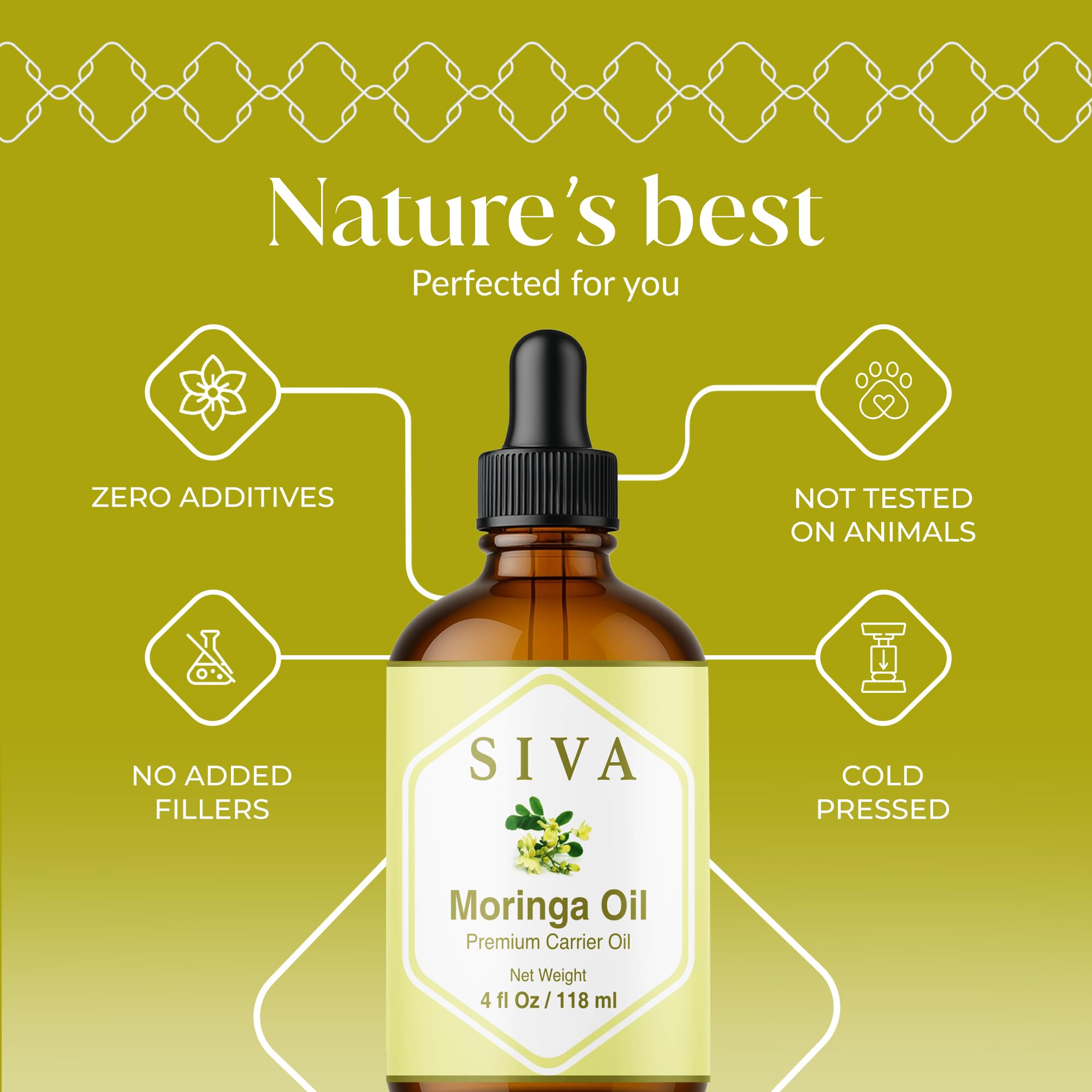 SIVA Moringa Oil drops on palm show convenient DIY blends.