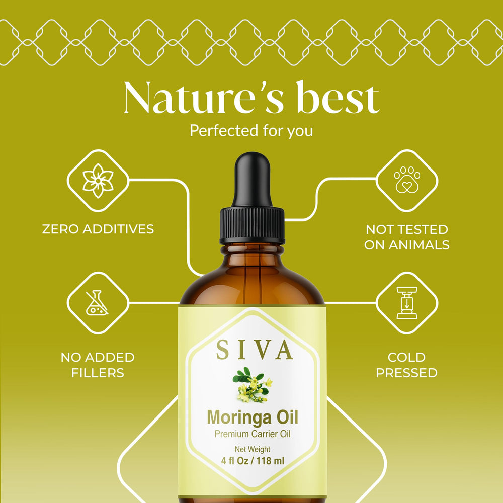 SIVA Moringa Oil drops on palm show convenient DIY blends.