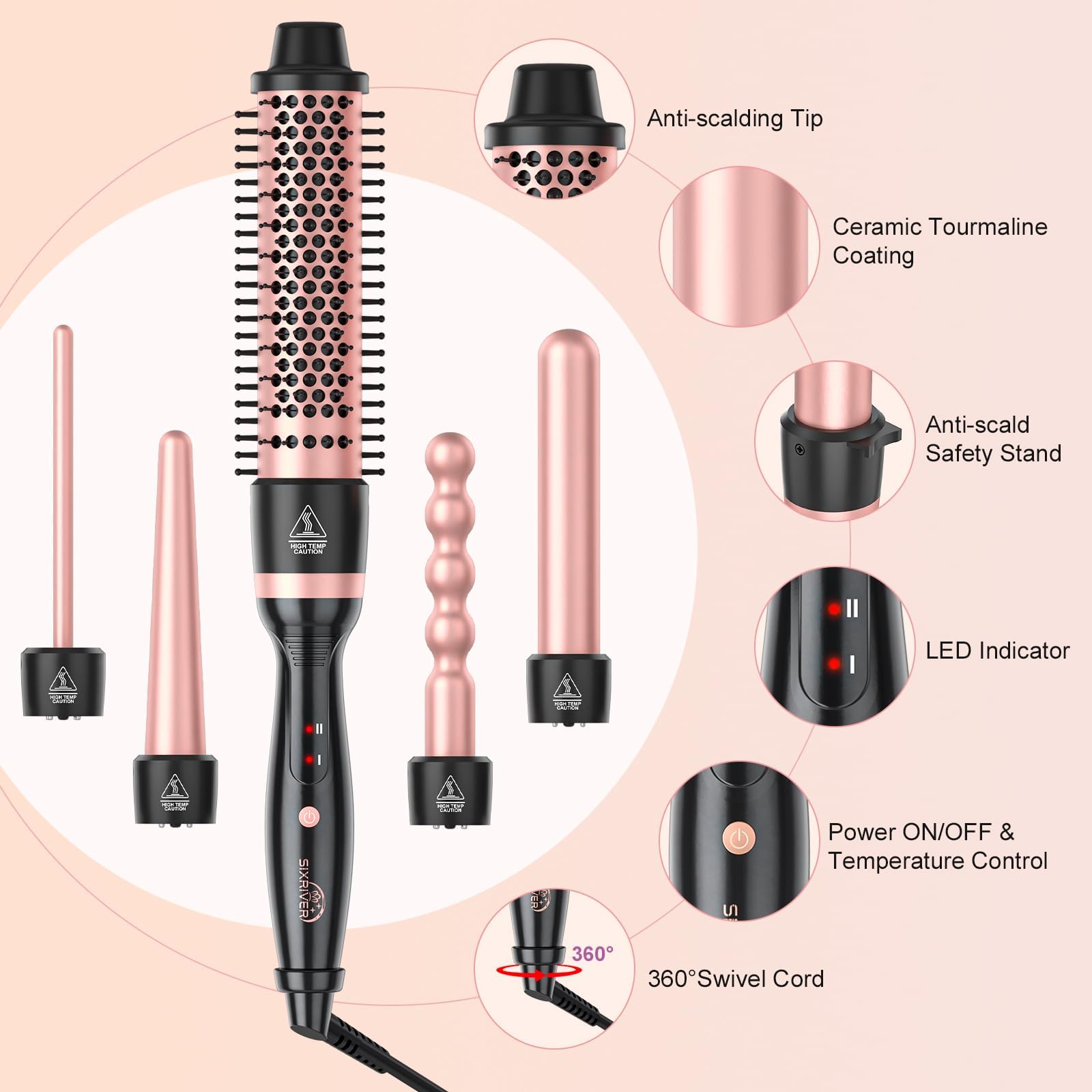 Sixriver 5 in 1 curling wand set heat resistant glove for safe styling
