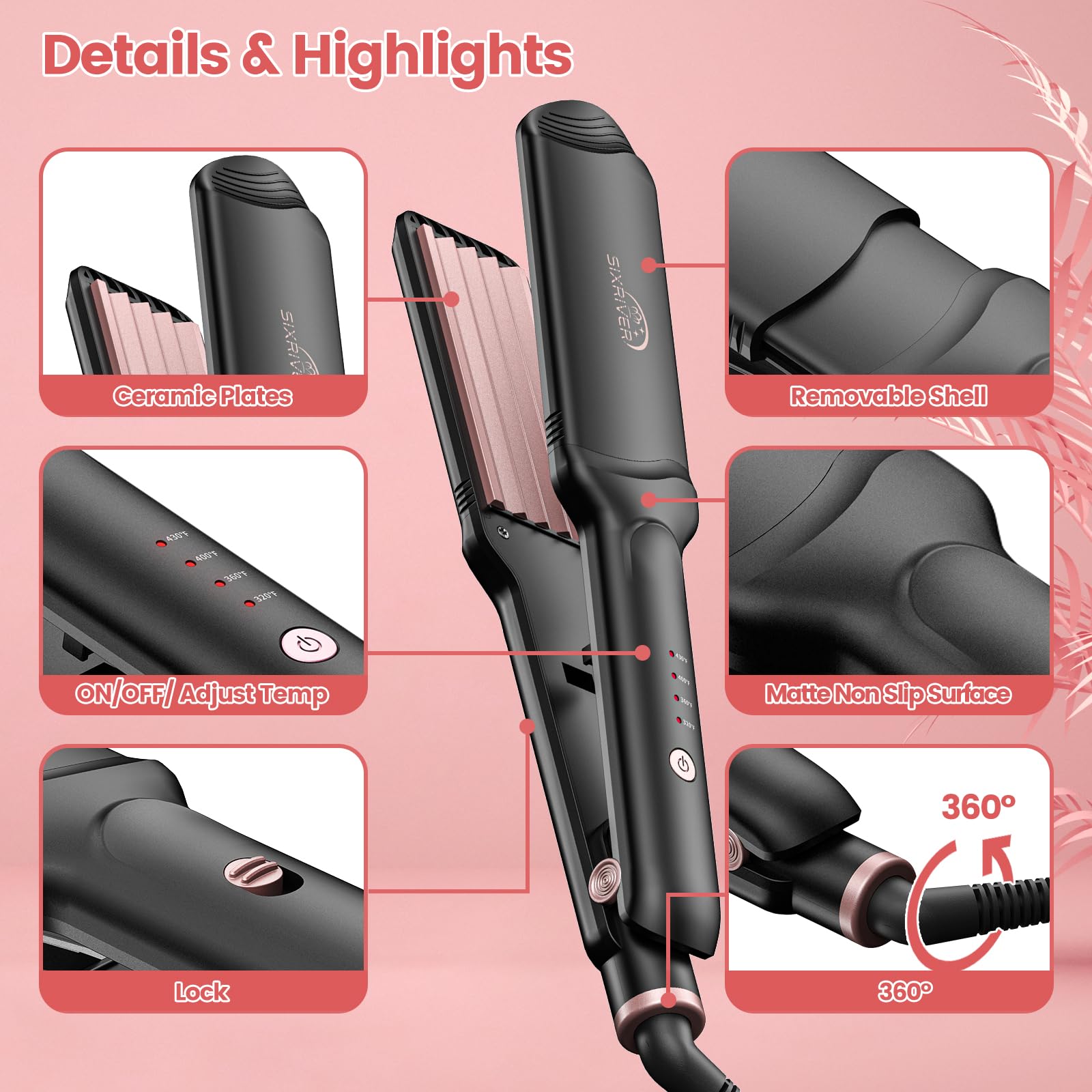 Sixriver hair crimper rose gold accessories include replacement plates and glove for extended styling.