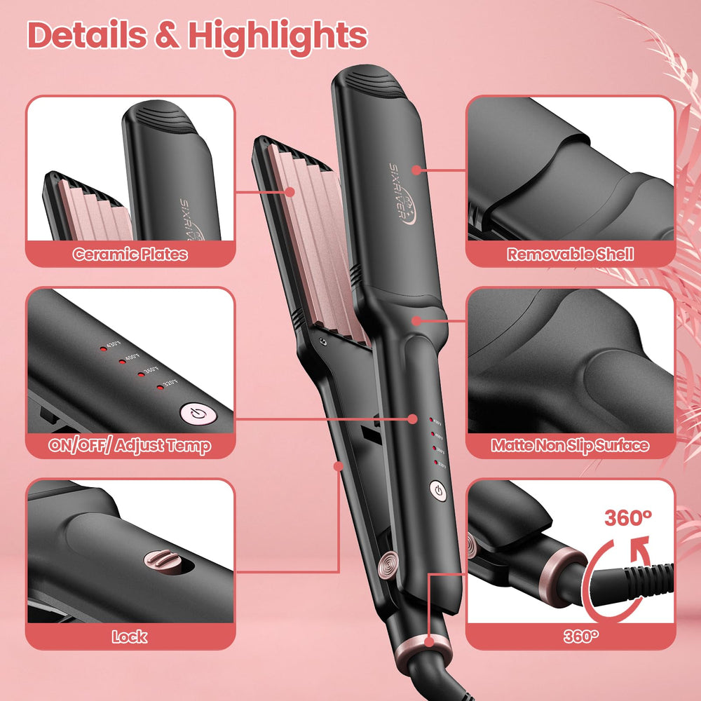 Sixriver hair crimper rose gold accessories include replacement plates and glove for extended styling.