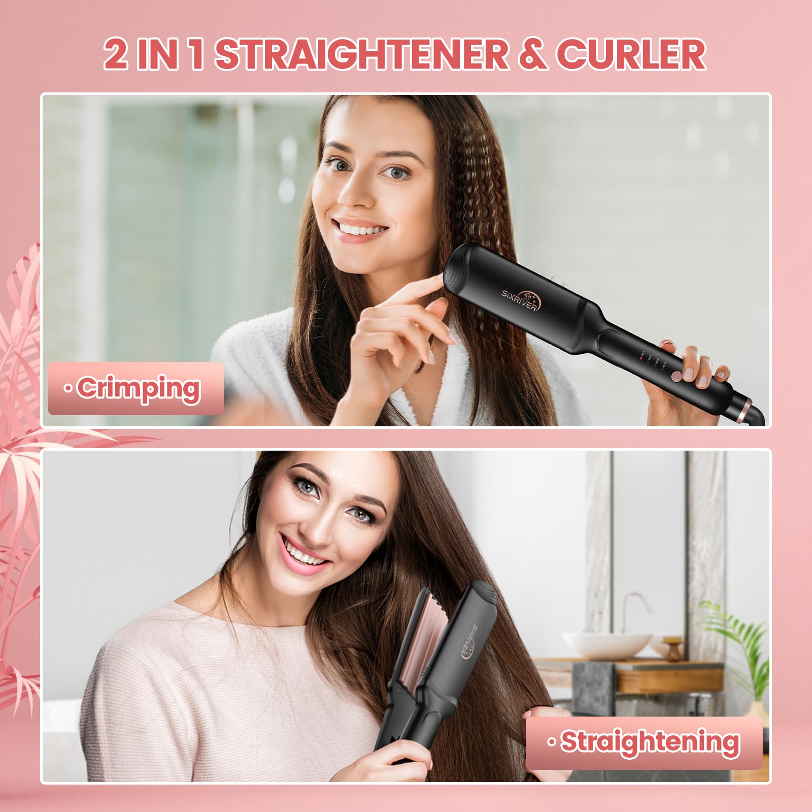 Sixriver hair crimper rose gold deep-waving plates close-up showing versatile styling.