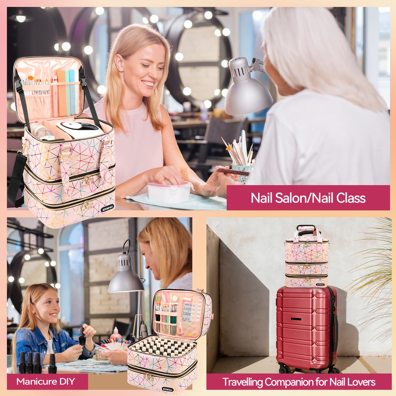 SIYNPAV Nail Polish Organizer luggage strap secures to suitcase during trips.