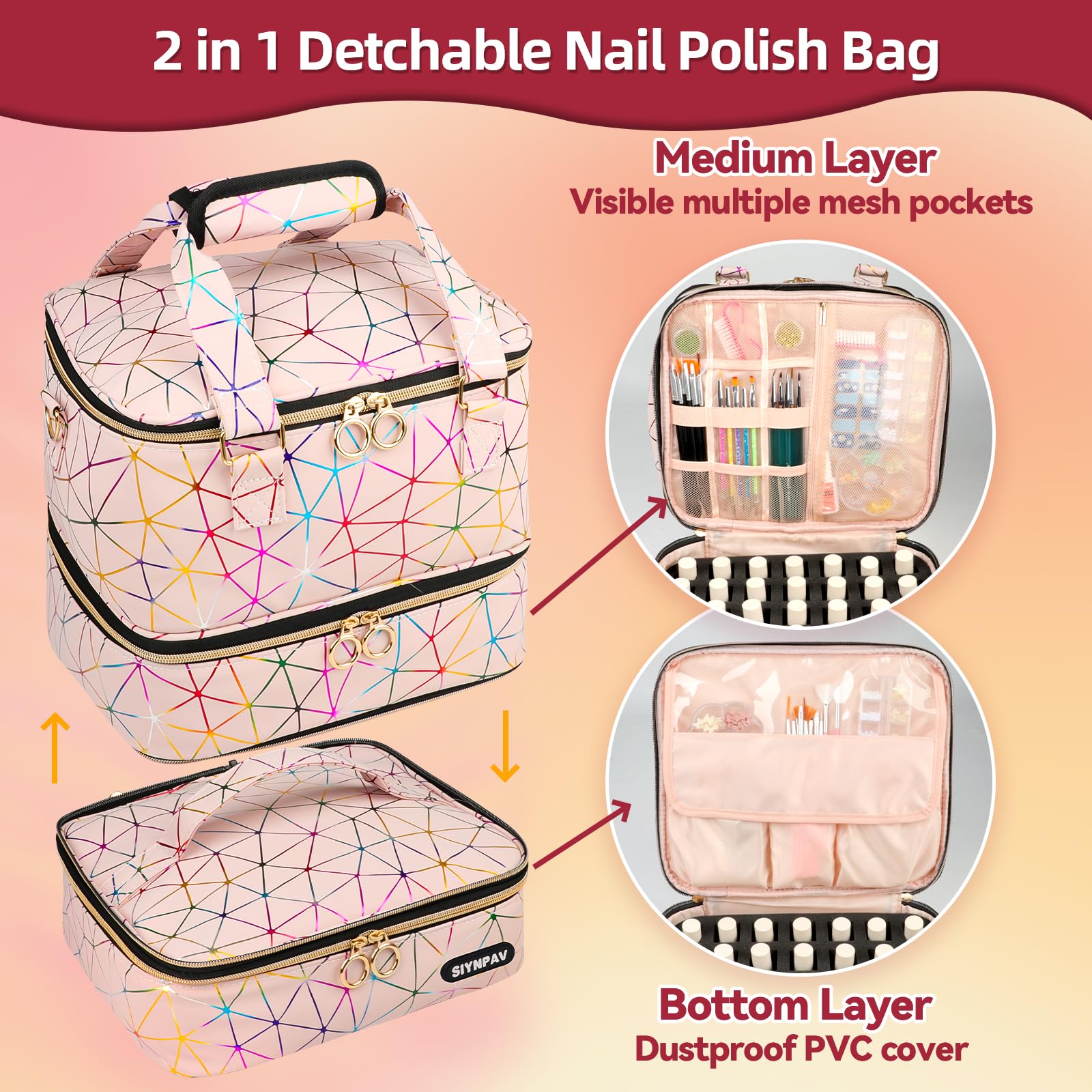 SIYNPAV Nail Polish Organizer upper compartment pockets for tools and larger polish items.