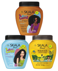 Skala Mais Cachos 2-in-1 Cream trio bundle bottle highlights hydrating, curl-definition in one run