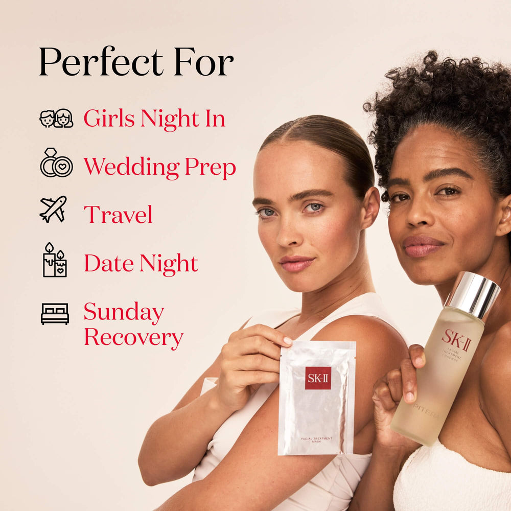 SK-II essence application ritual—press into face and neck for balanced radiance.