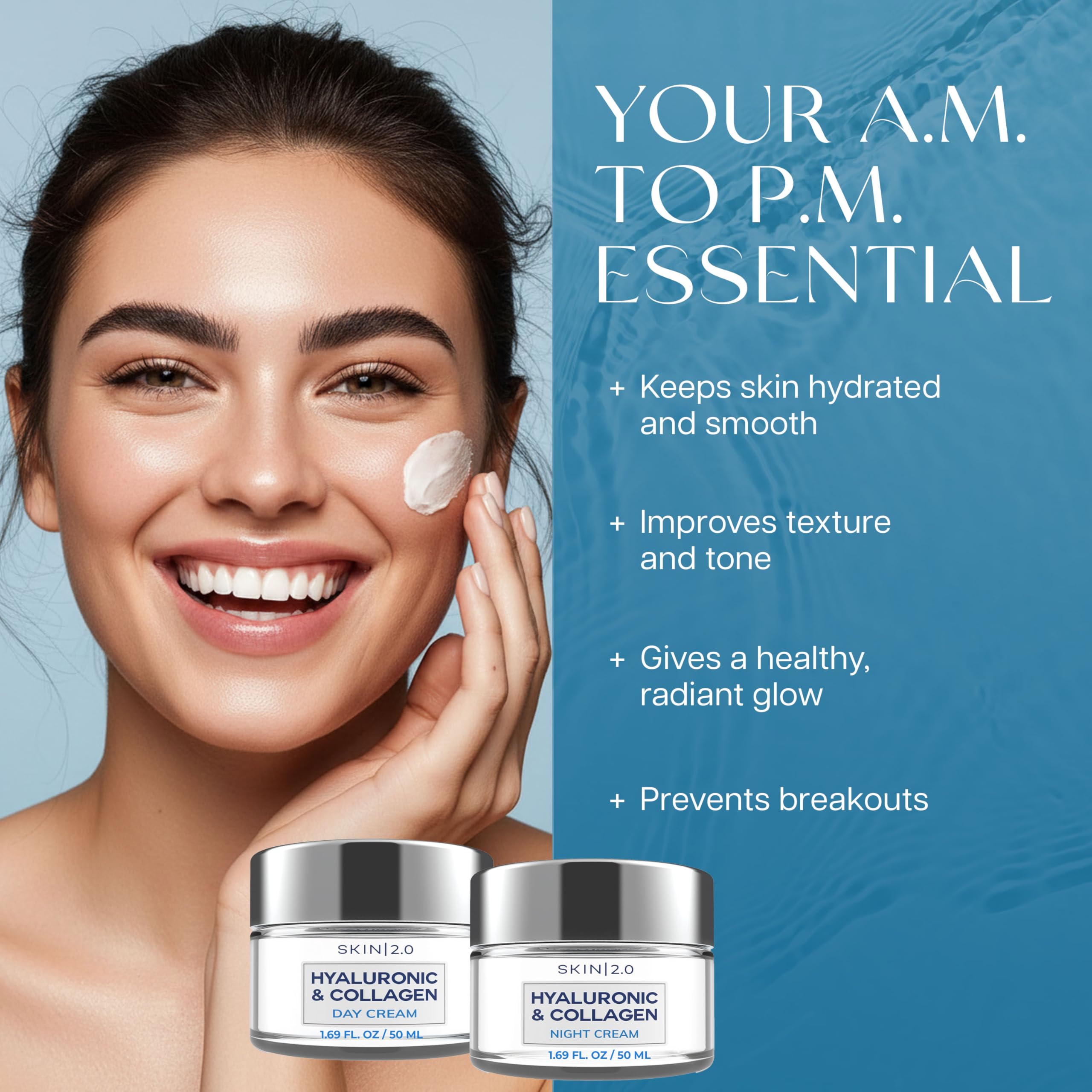 Skin 2.0 skincare routine application demonstrates day and night use.