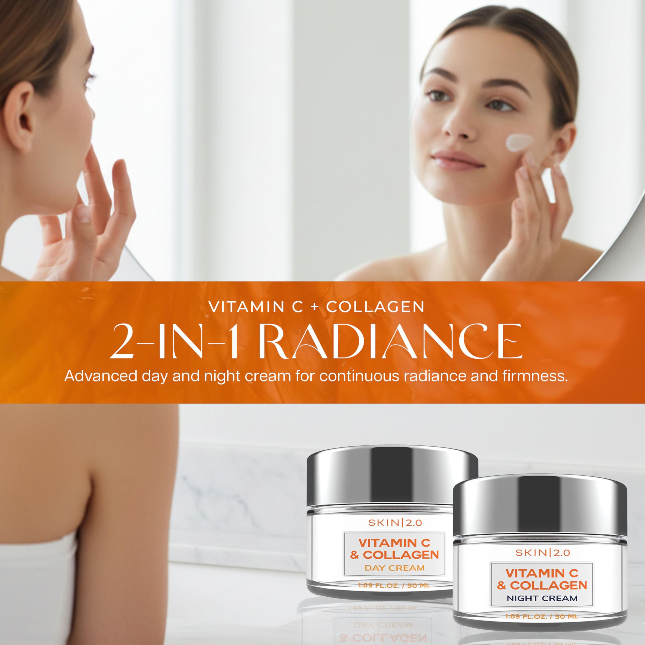 Skin 2.0 duo-pack displays day and night moisturizers for consistent hydration.