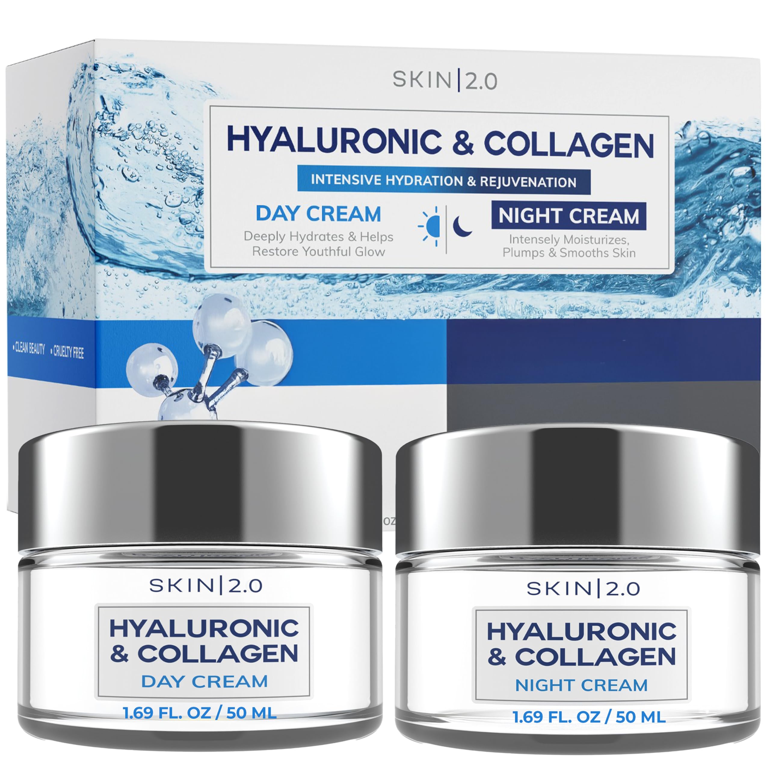 Skin 2.0 Hyaluronic Acid & Collagen Cream bottle for deep hydration and plump skin.