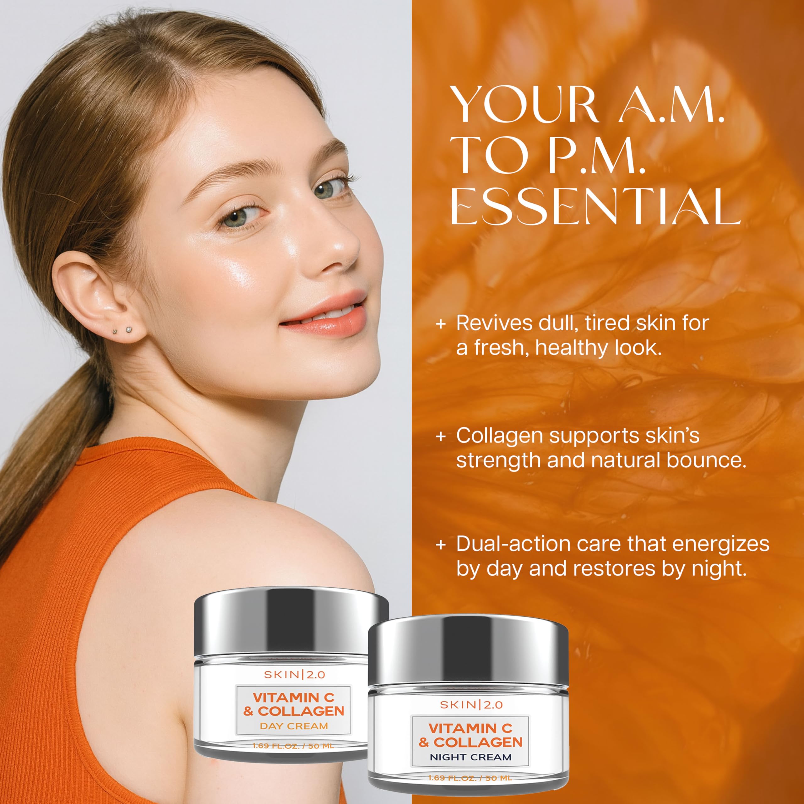 Skin 2.0 night cream jar suggests overnight repair for smoother skin.