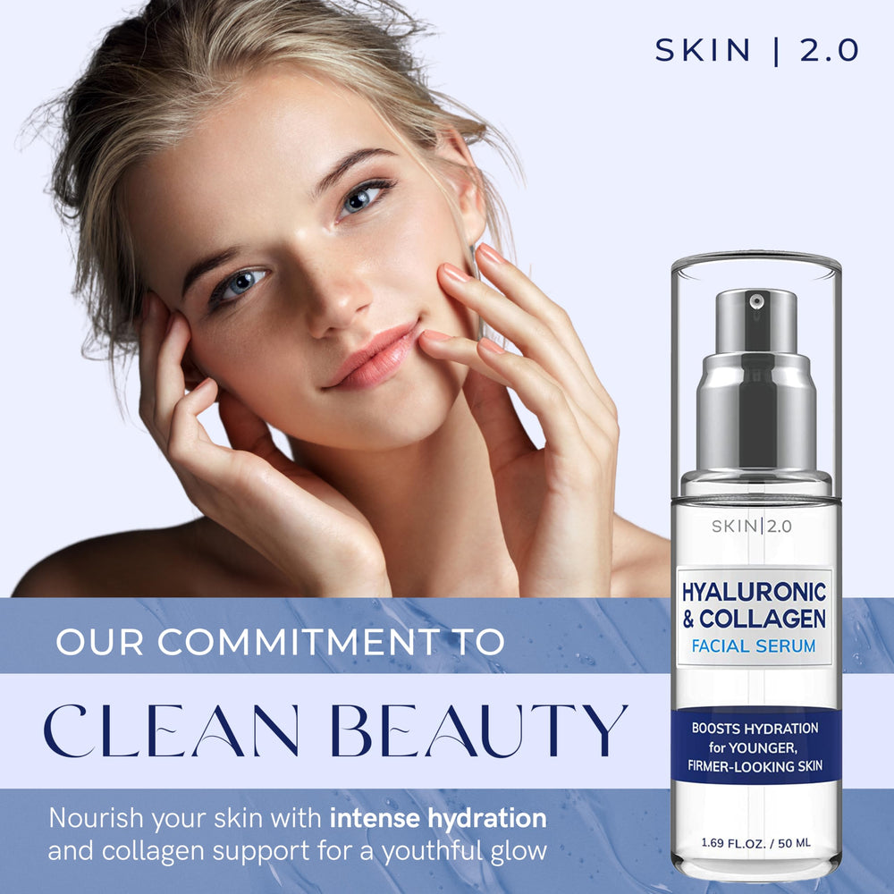Skin 2.0 serum bottle close-up highlighting collagen-brightened skin