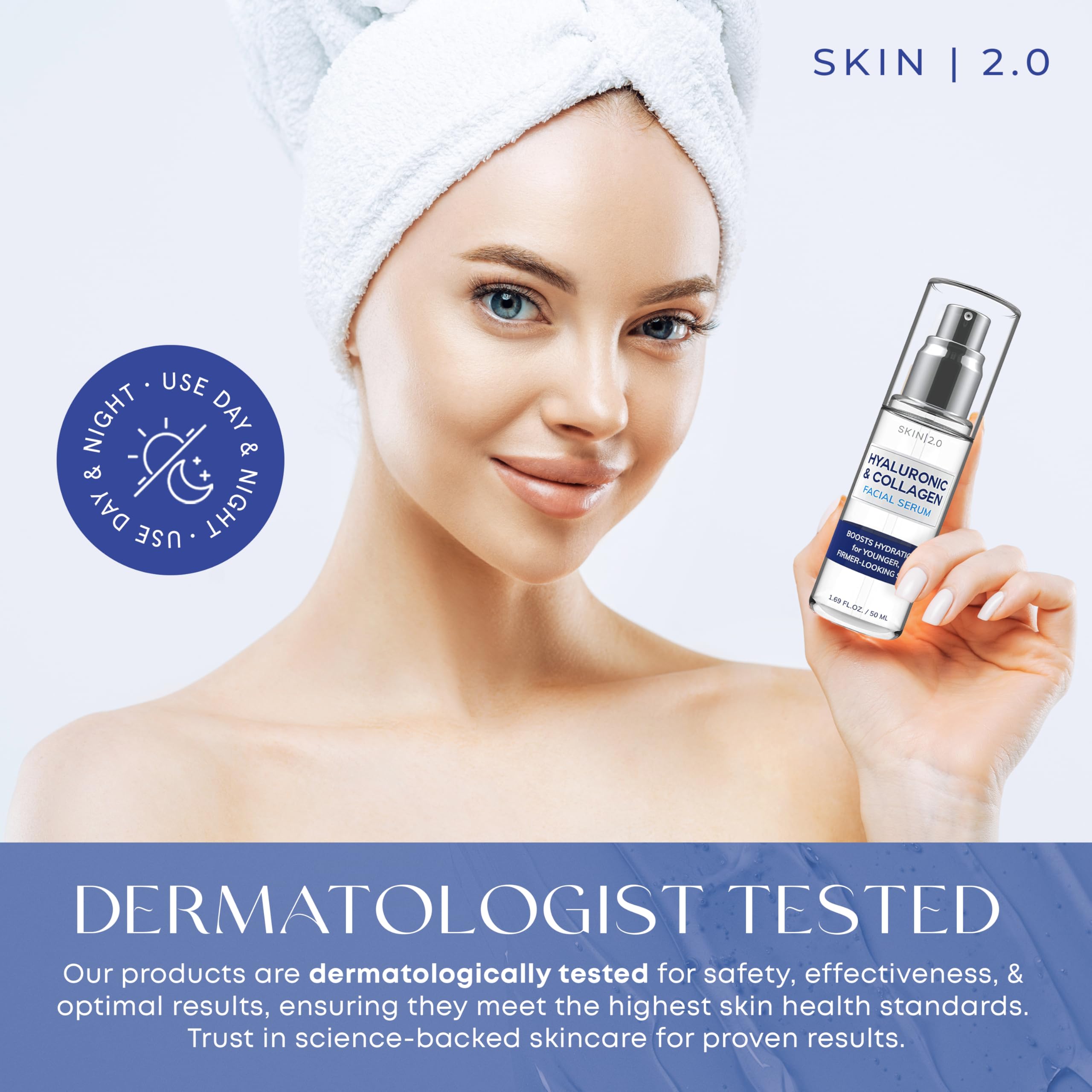 Skin 2.0 bottle montage displaying dermatologist-tested cruelty-free attributes
