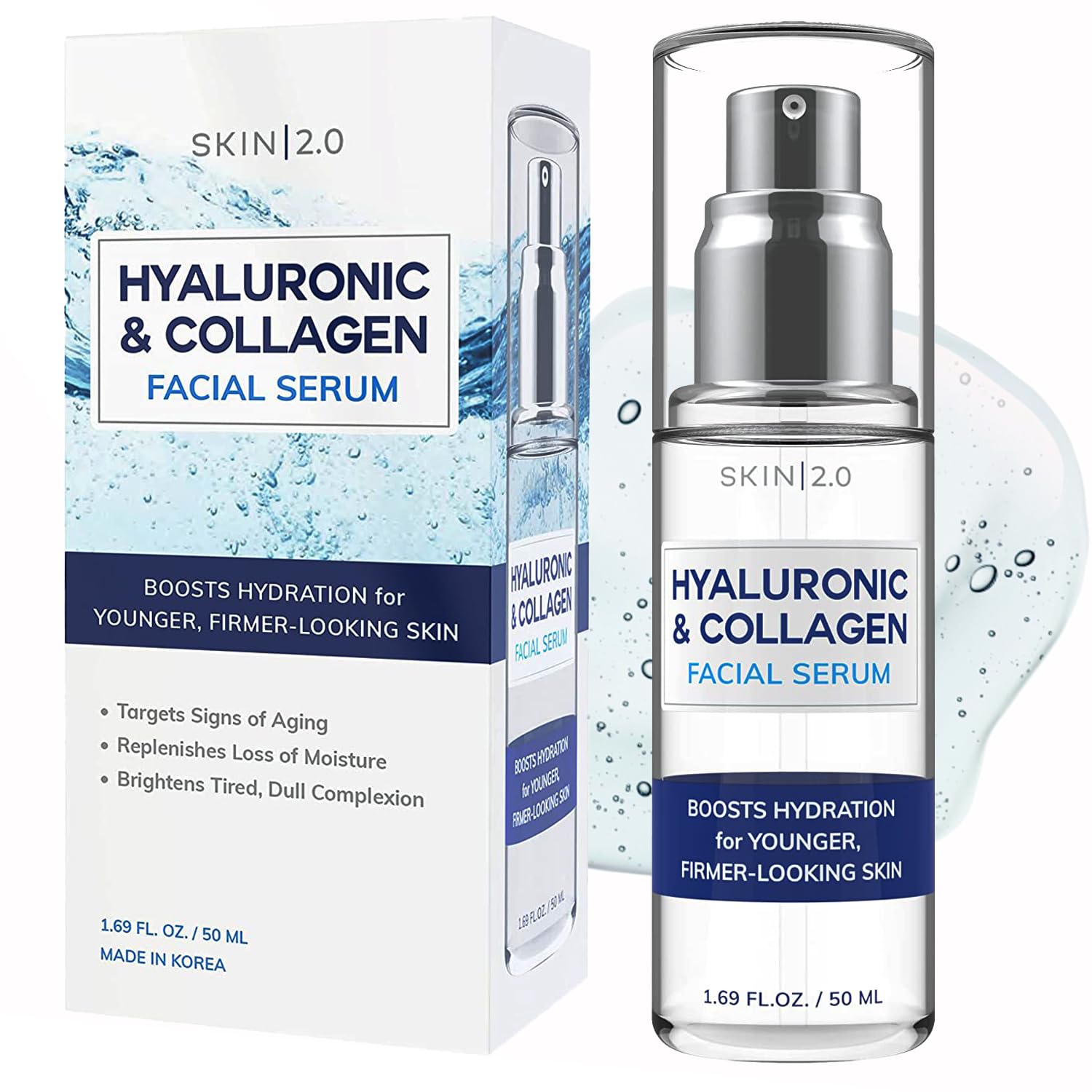 Skin 2.0 serum bottle close-up showing hydration for glow