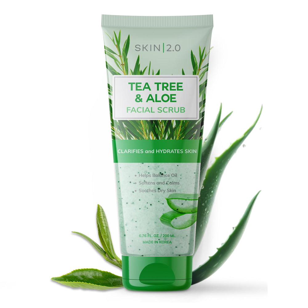Skin 2.0 exfoliating scrub bottle for gentle cleansing suitable for all skin types.