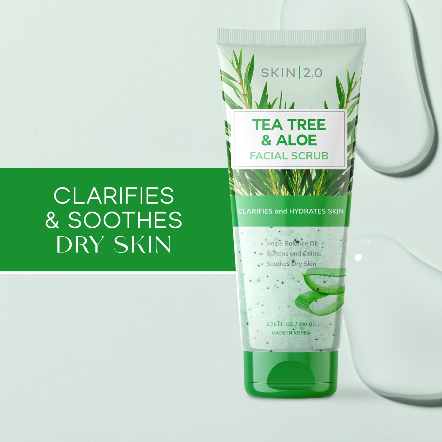 Skin 2.0 Tea Tree & Aloe scrub texture close-up showing exfoliating grains.