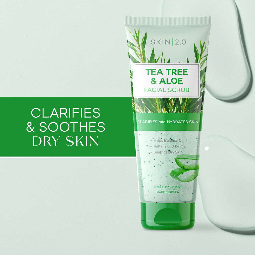 Skin 2.0 Tea Tree & Aloe scrub texture close-up showing exfoliating grains.