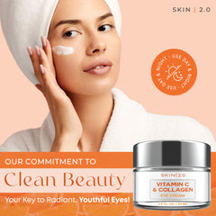 Skin 2.0 vitamin C collagen under-eye cream jar emphasizes hydration and firming potential.