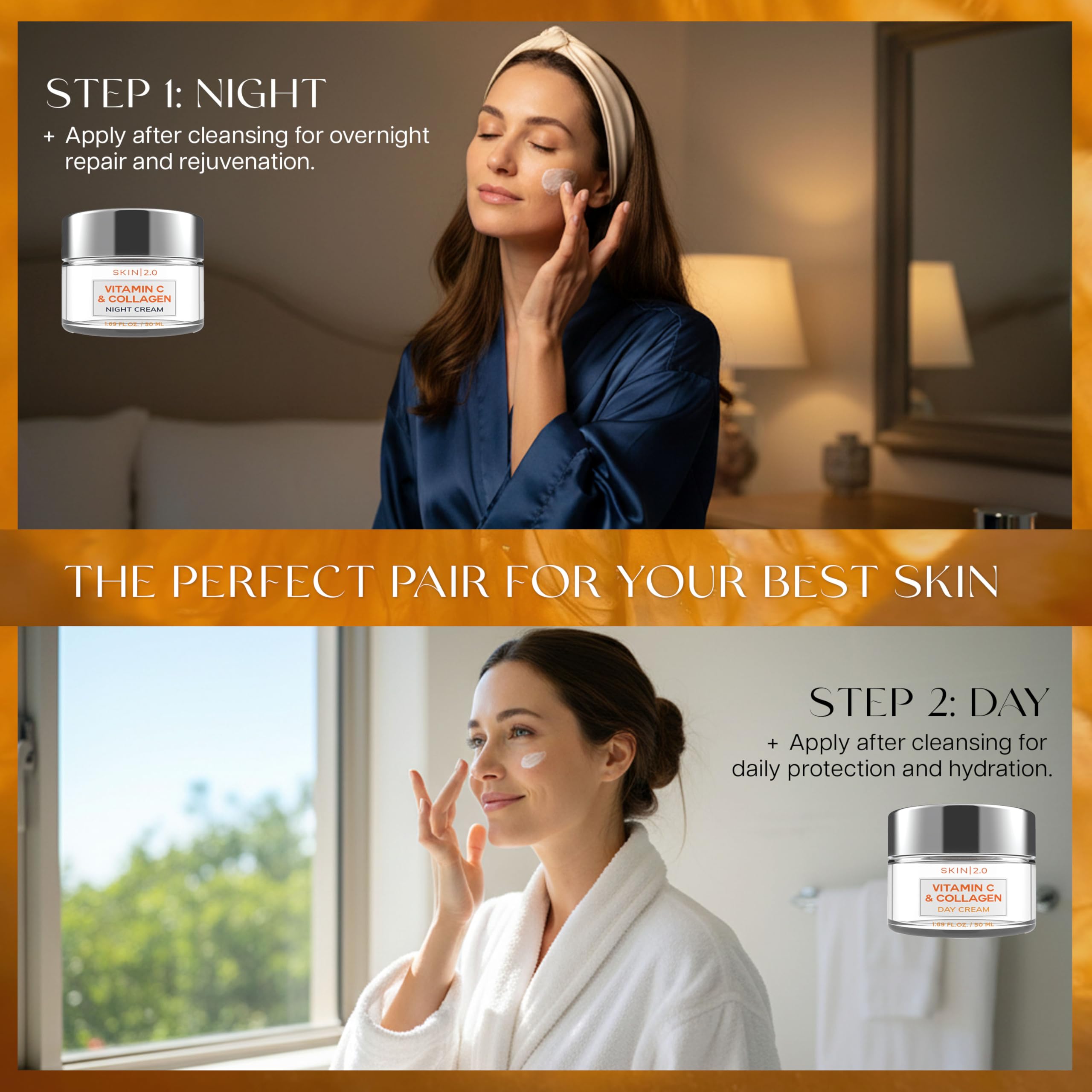 Skin 2.0 vitamin c and vegan collagen ingredients highlighted.