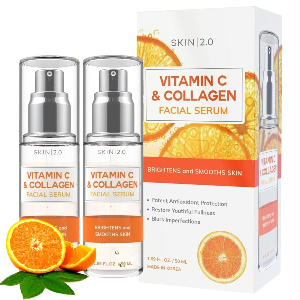 Skin 2.0 Vitamin C Serum bottle closeup highlights hydration and brightening potential.