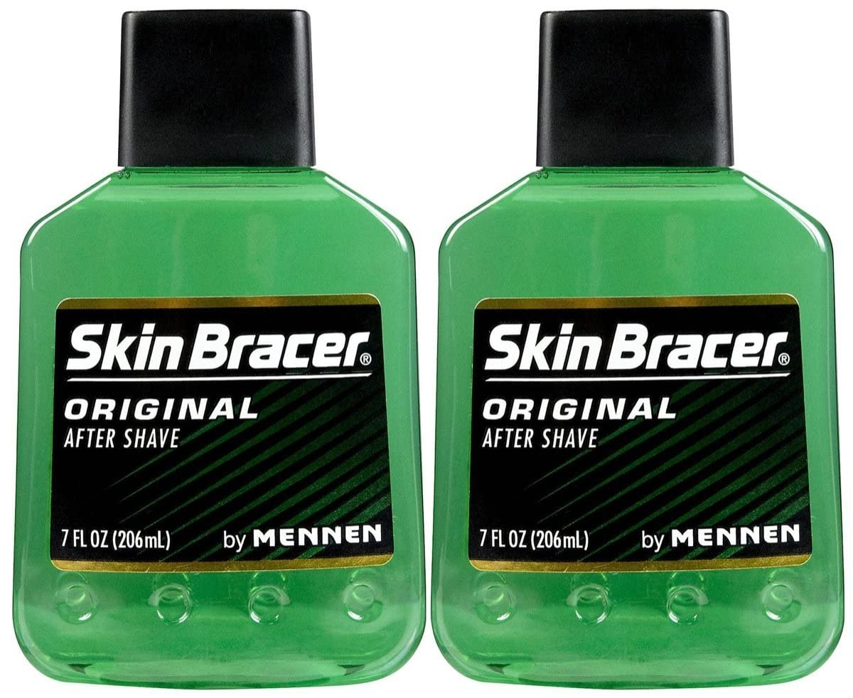 Skin Bracer by Mennen bottle-pour demonstrates cooling post-shave refreshment with a classic masculine scent.