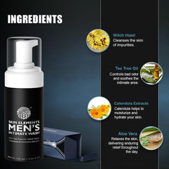 Skin Elements Intimate Wash tea-tree-oil-drops highlight refreshing aroma and odor-control benefits.