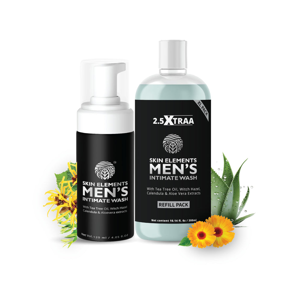 Skin Elements Men's Intimate Wash foaming bottle for daily freshness and comfort.