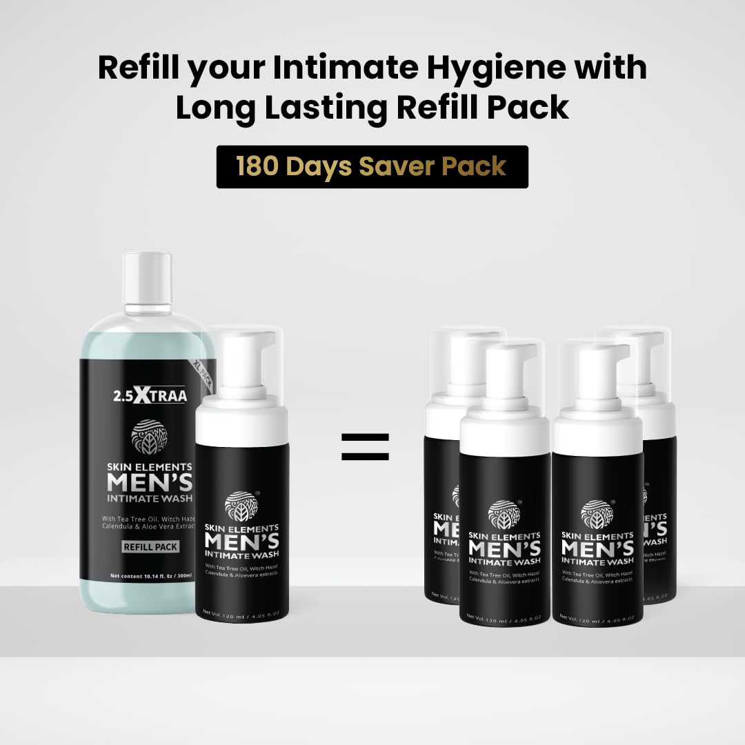 Skin Elements Men's Intimate Wash Jumbo Pack showing long-lasting 180-day value.