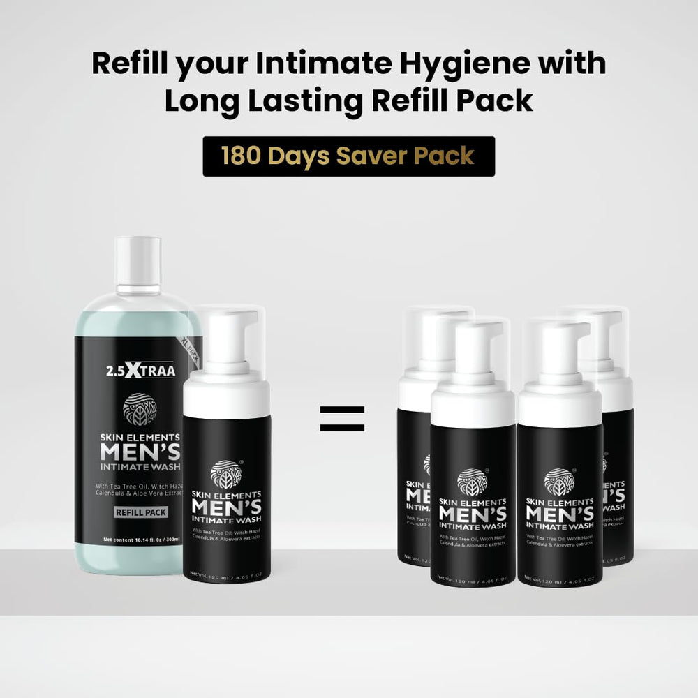 Skin Elements Men's Intimate Wash Jumbo Pack showing long-lasting 180-day value.