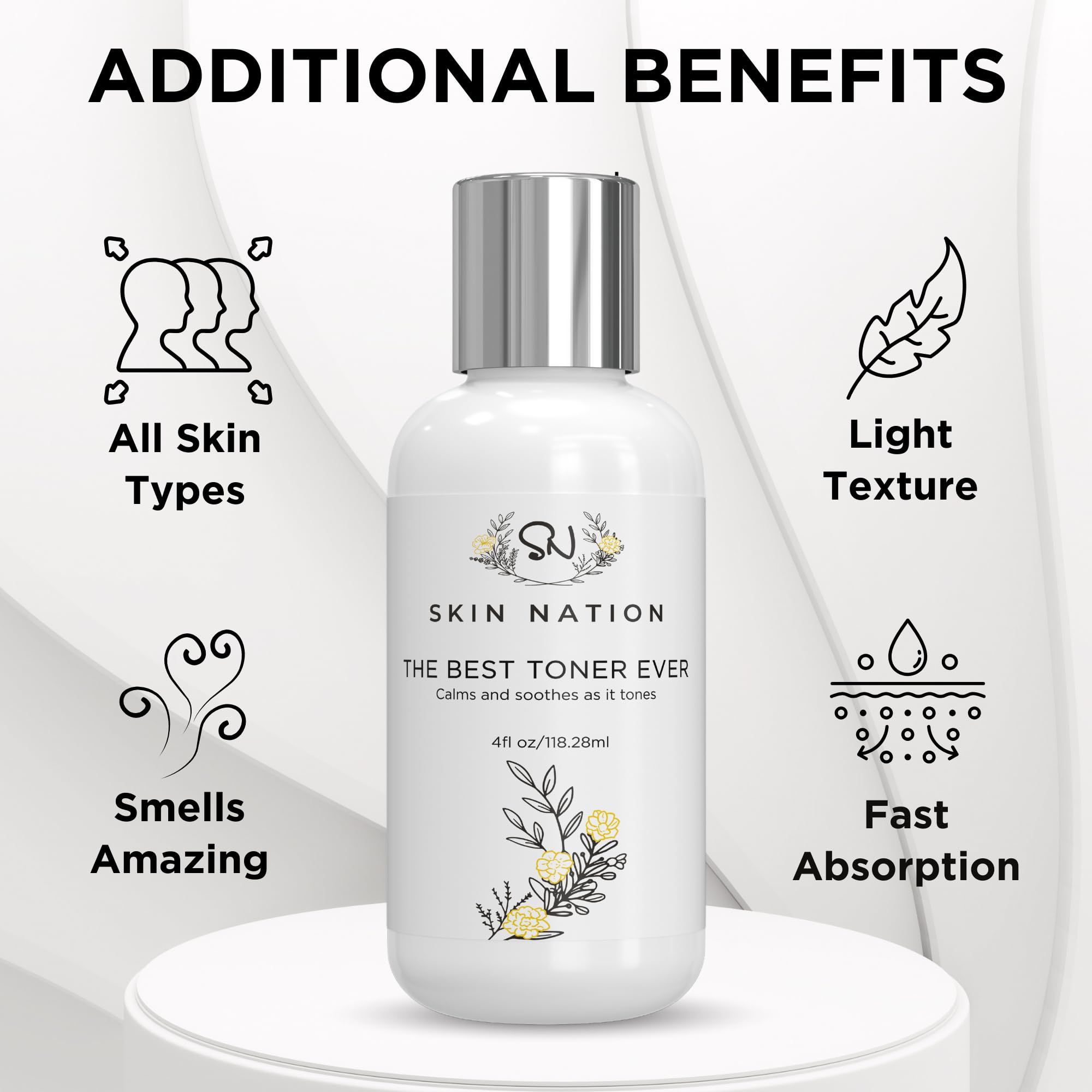 Skin Nation Hydrating Rosewater Toner chamomile flowers convey gentle calm for sensitive skin