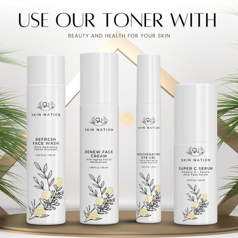 Skin Nation Hydrating Rosewater Toner green tea glass supports oil balance and glow