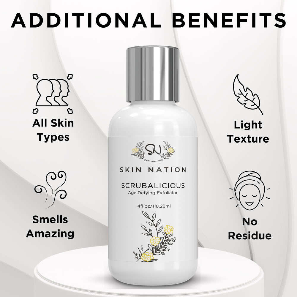 Skin Nation Scrubalicious exfoliator – sensitive-skin safe, sulfate-free formula shown with gentle application.
