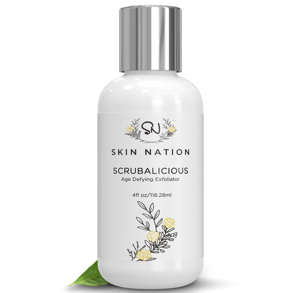 Skin Nation Scrubalicious exfoliator – glowing skin close-up shows polished texture and radiance.