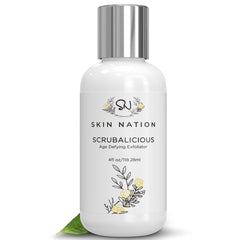 Skin Nation Scrubalicious exfoliator – glowing skin close-up shows polished texture and radiance.