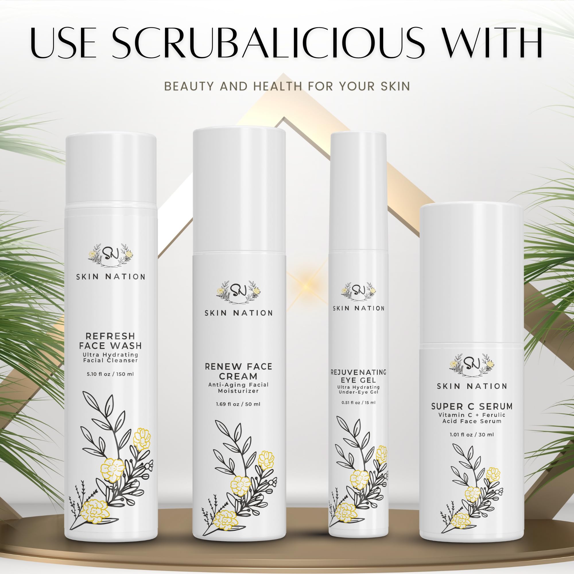 Skin Nation Scrubalicious exfoliator – spa-like plant-based luxury imagery conveying calming, refined cleansing.
