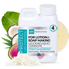 Skin Perfection Leucidal Liquid Complete bottle on counter for natural DIY skincare preservation.