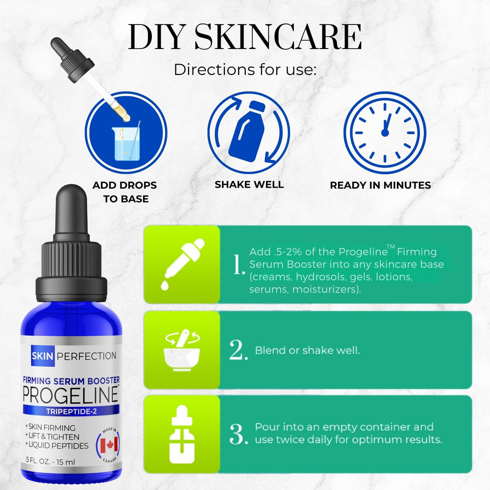 Skin Perfection Progeline Serum Booster 0.5 oz bottle beside skincare setup