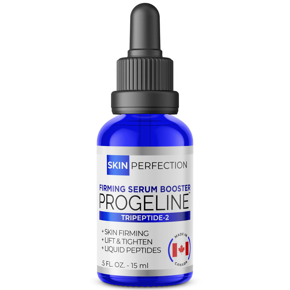 Skin Perfection Progeline Serum Booster bottle shows compact 0.5 oz packaging for DIY firming