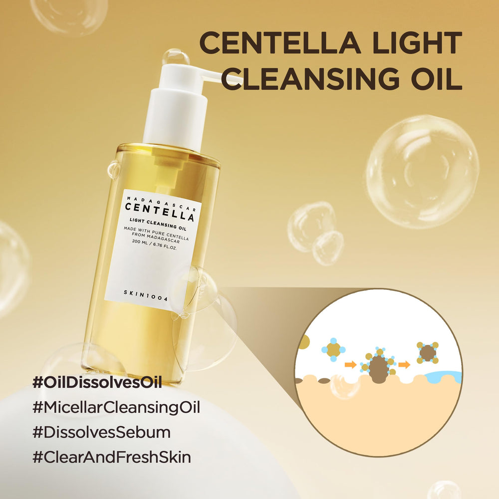 SKIN1004 Centella oil pour demonstrates smooth application for makeup removal.