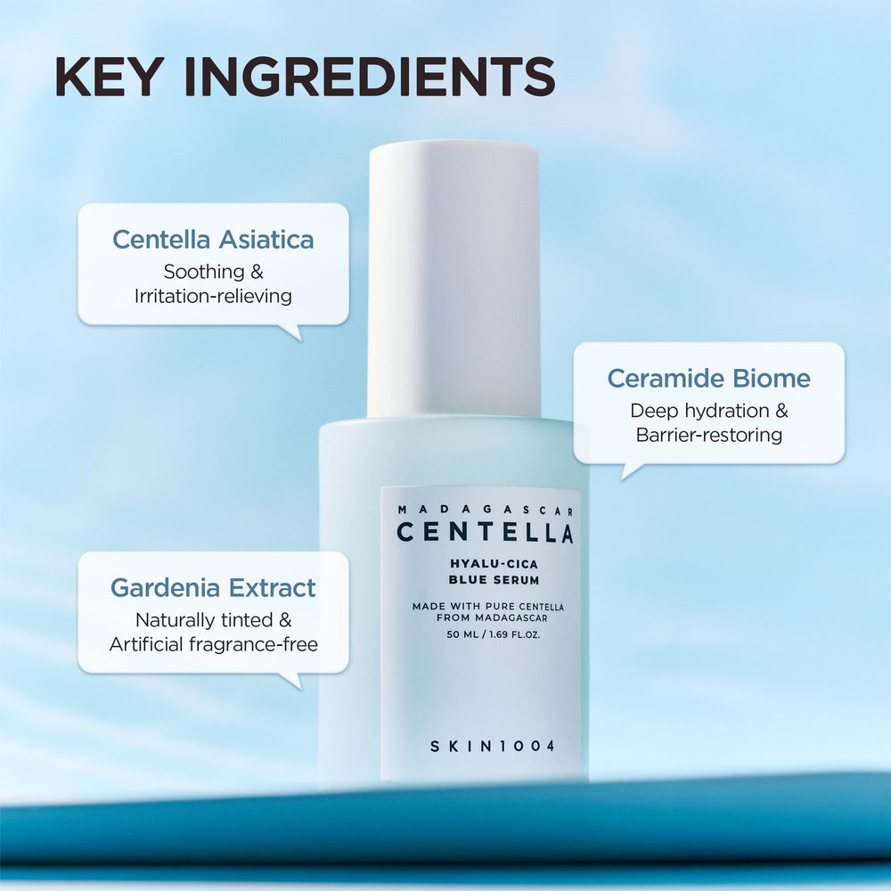 SKIN1004 Hyalu-Cica Blue Serum application shot indicates daily use after cleansing.