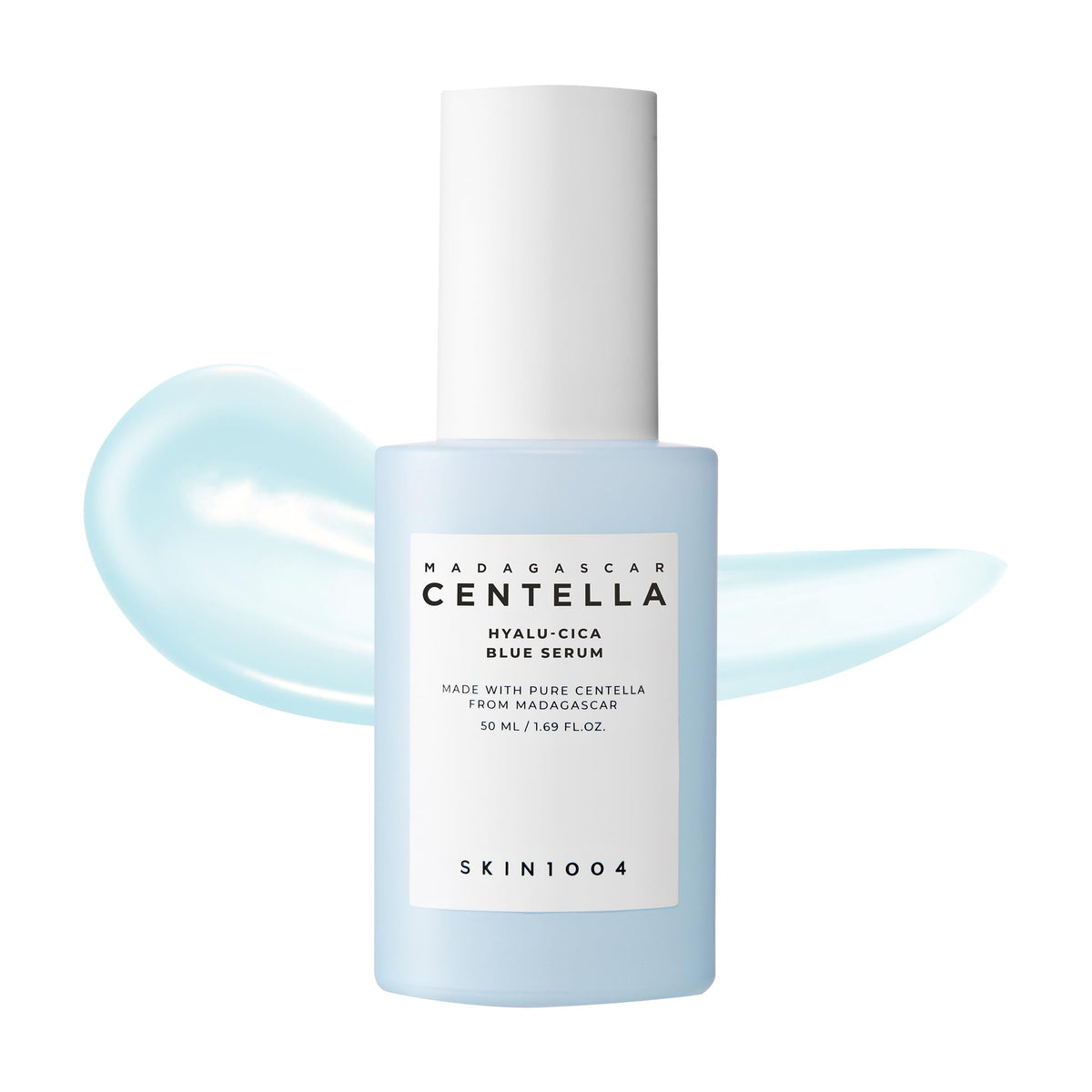 SKIN1004 Hyalu-Cica Blue Serum bottle shows deep hydration for daily comfort.