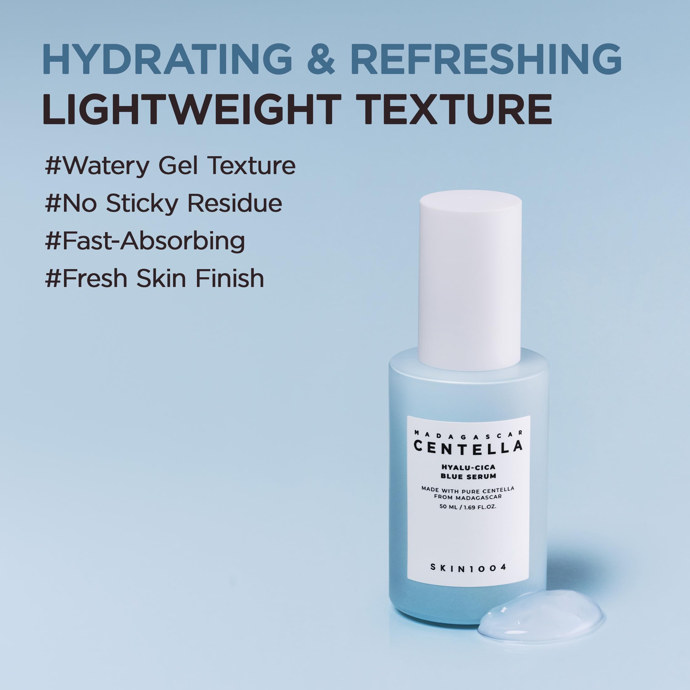SKIN1004 Hyalu-Cica Blue Serum dermatology badge signals safety for sensitive skin.