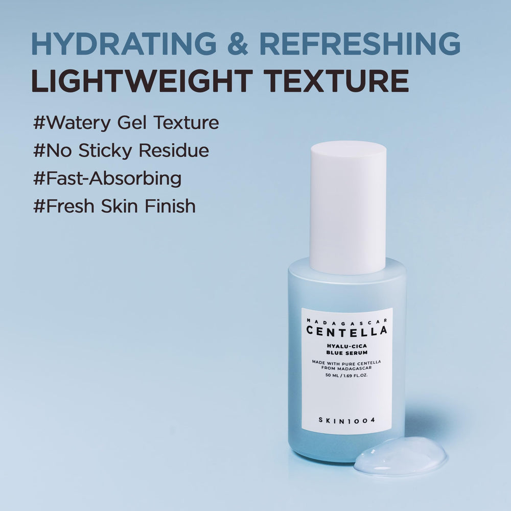 SKIN1004 Hyalu-Cica Blue Serum dermatology badge signals safety for sensitive skin.