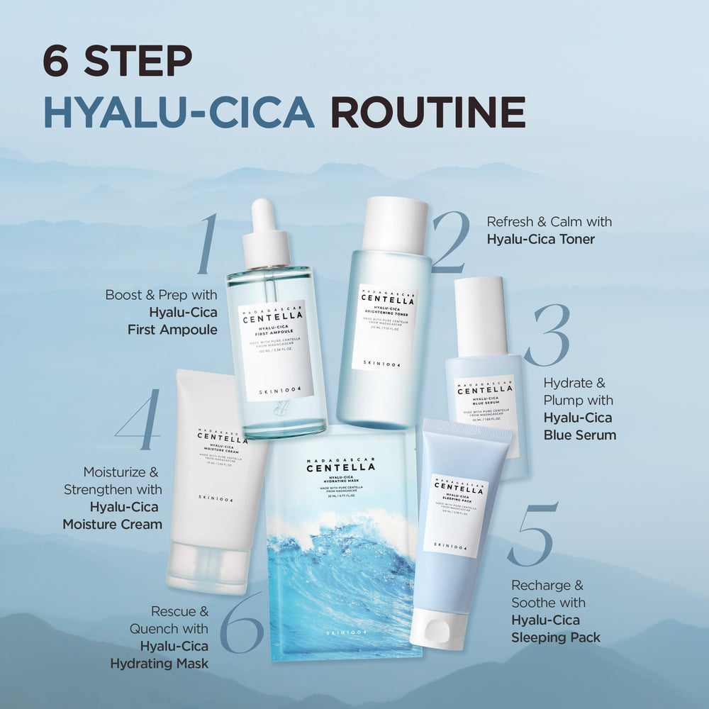 SKIN1004 Hyalu-Cica Blue Serum imagery suggests versatile night and day routine use.