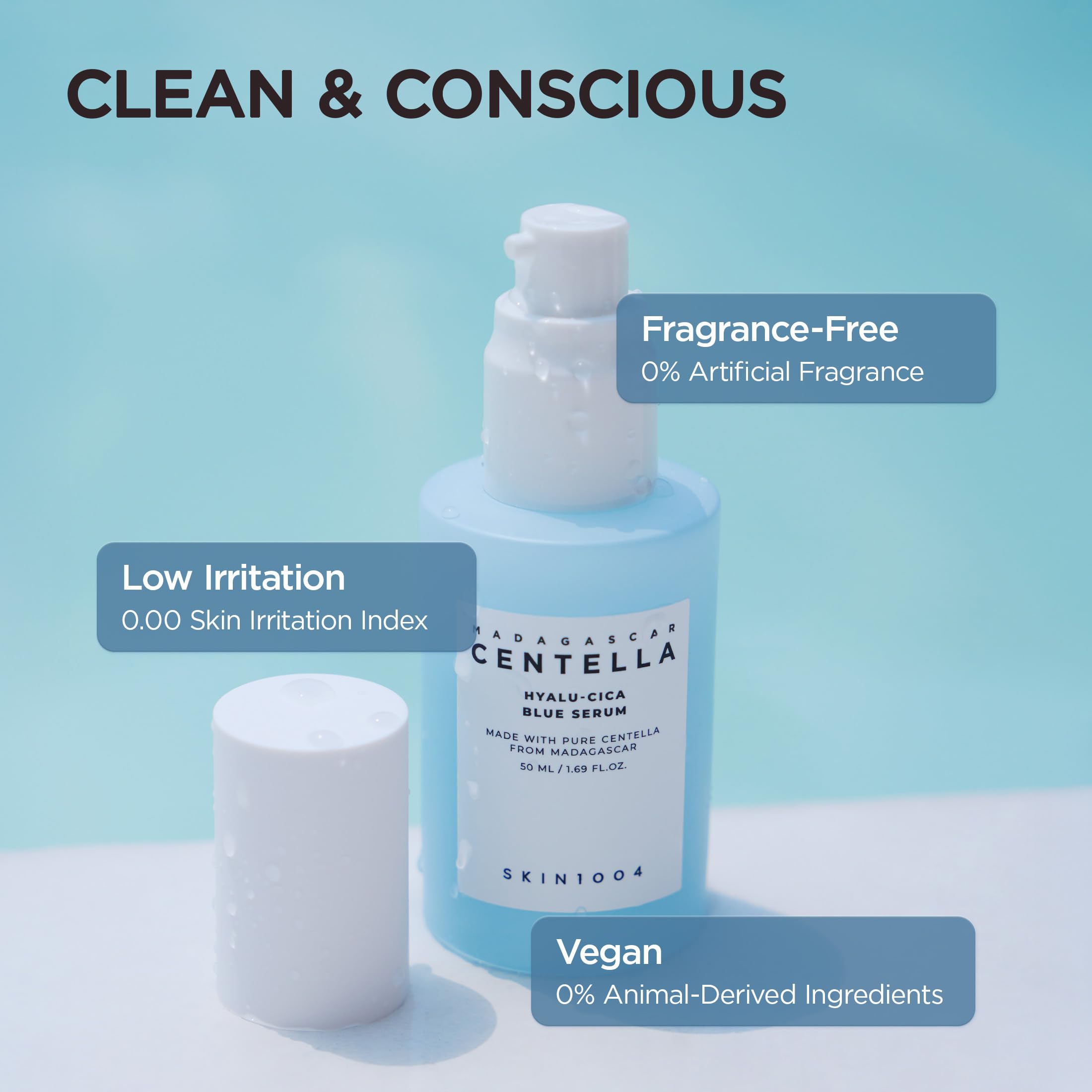 SKIN1004 Hyalu-Cica Blue Serum glass bottle conveys premium, gentle care.