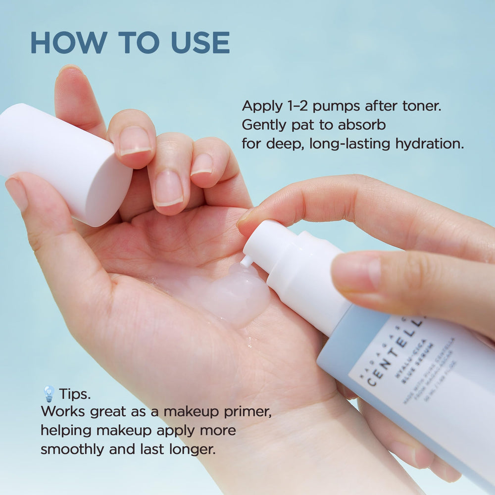 SKIN1004 Hyalu-Cica Blue Serum label highlights barrier-friendly formula for balanced skin.