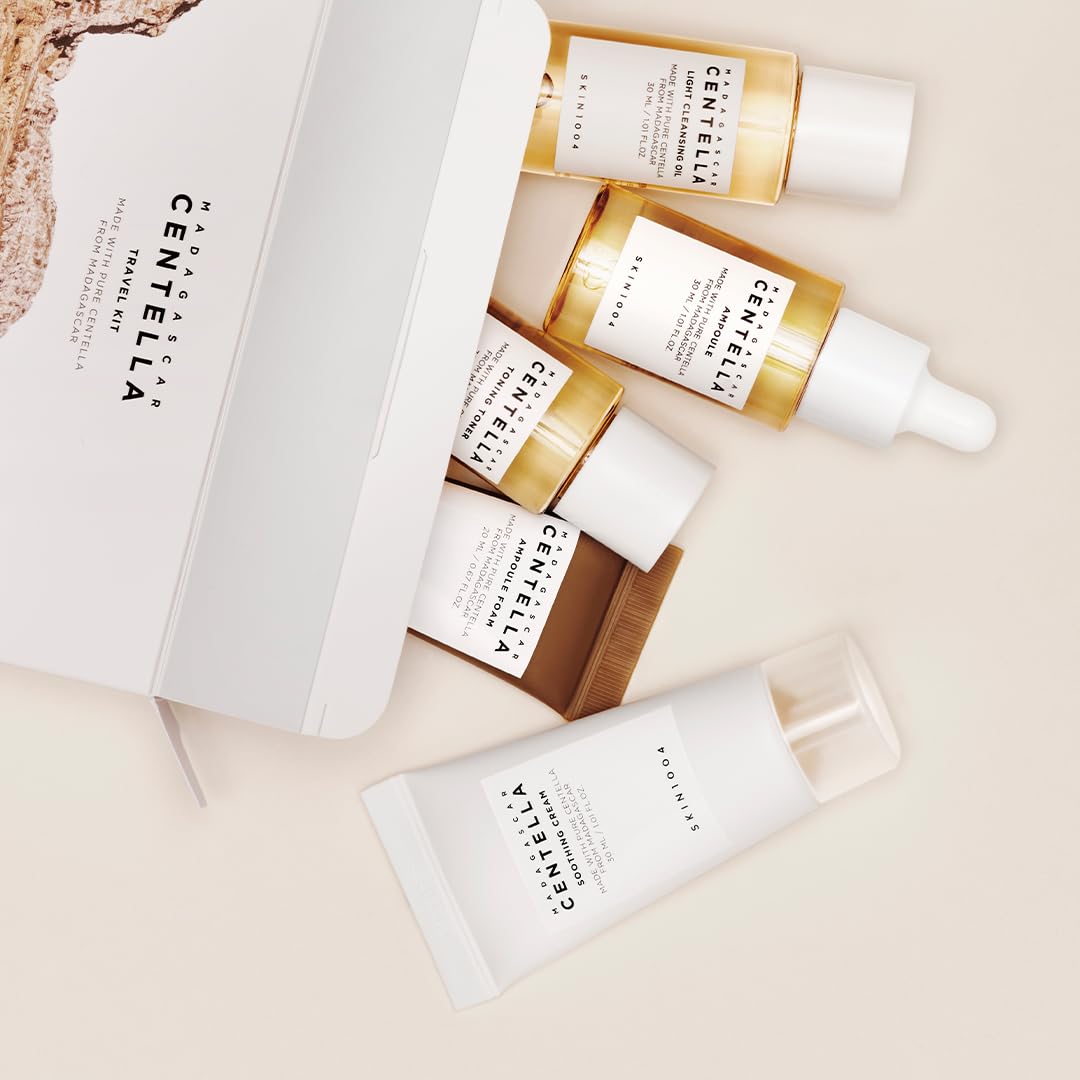 SKIN1004 Madagascar Centella Travel Kit mini-size set highlights plane-friendly skincare convenience.