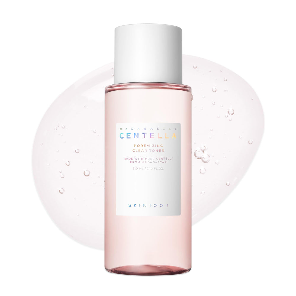 SKIN1004 Poremizing Clear Toner bottle close-up shows balanced skin and shine control.