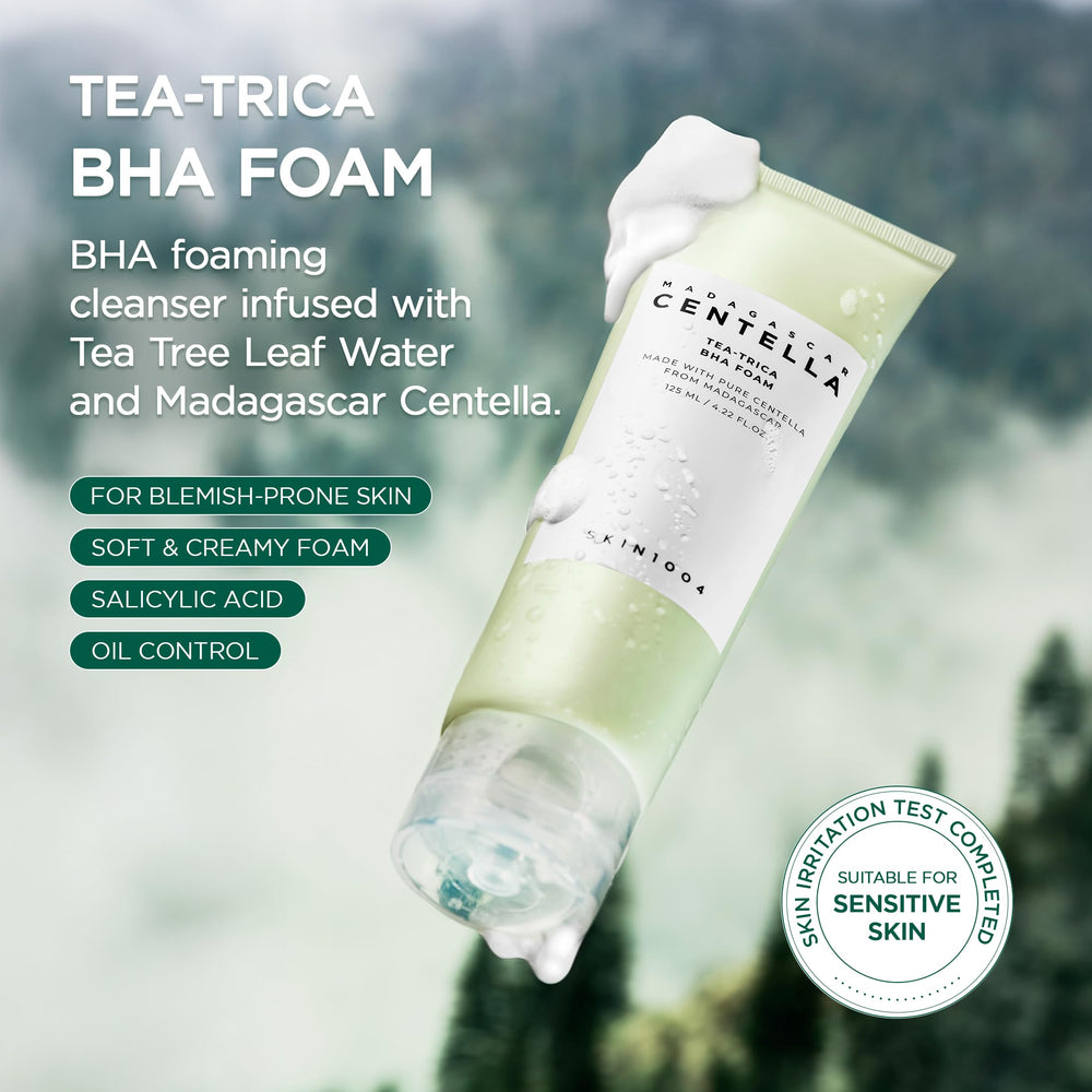 SKIN1004 Tea-Trica Foam bottle-closeup highlights clean formula for refreshing skincare.